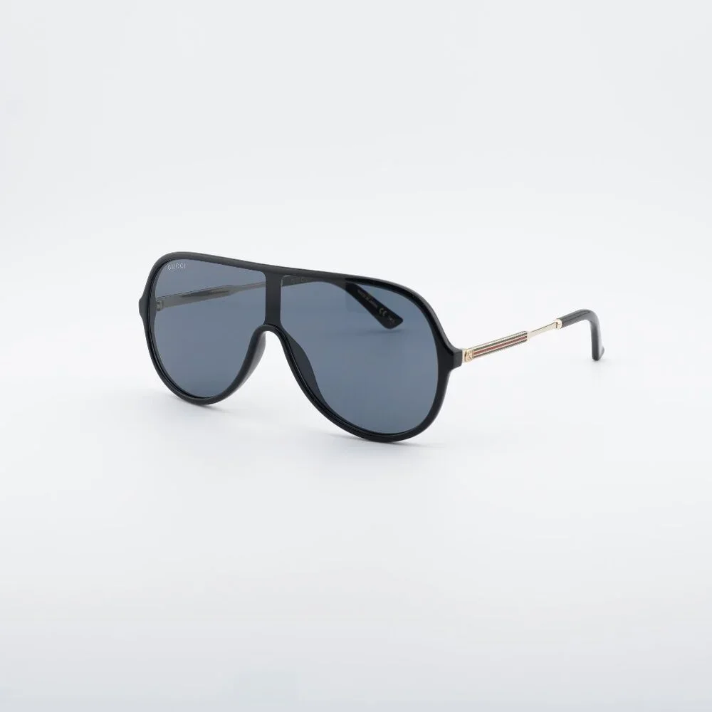Gucci GG0199S 001 Sunglasses Shiny Black/Gold Shield Frame, Grey Lenses